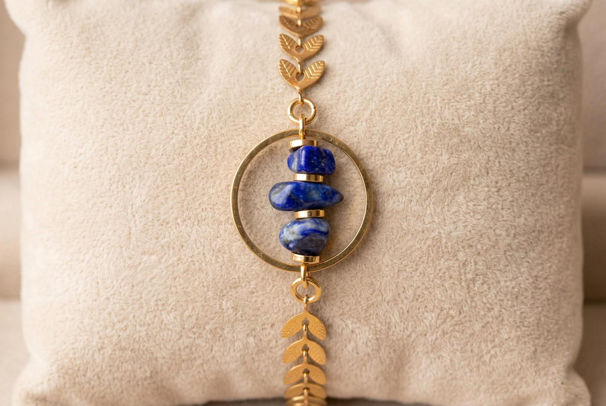 Bracelet Masiwa au lapis-lazuli, chaîne à feuilles