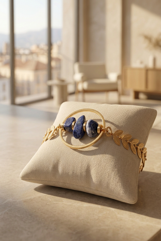 Bracelet Masiwa au lapis-lazuli, chaîne à feuilles