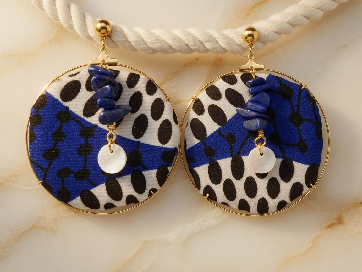 Boucles créole Wax & Leather plaqué Or - Lapislazzuli