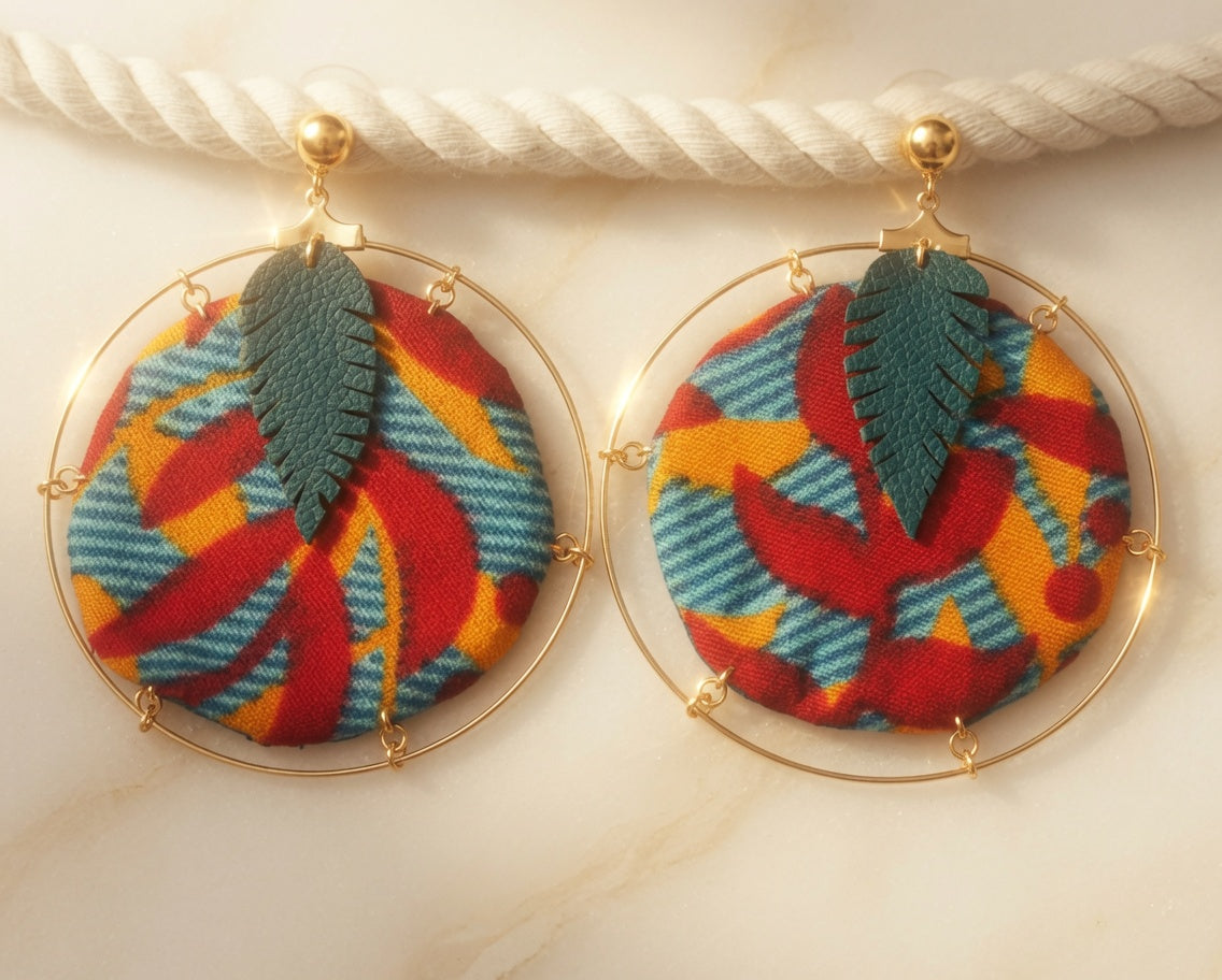 Boucles créole Wax & Leather plaqué Or - Rouge/Vert
