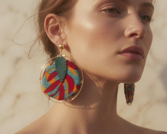 Boucles créole Wax & Leather plaqué Or - Rouge/Vert